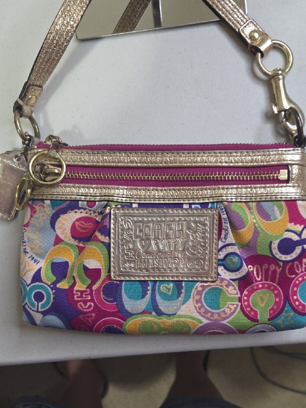 Coach Poppy Multicolor Signature Wristlet with Metallic Gold Trim - Picture 2 of 7